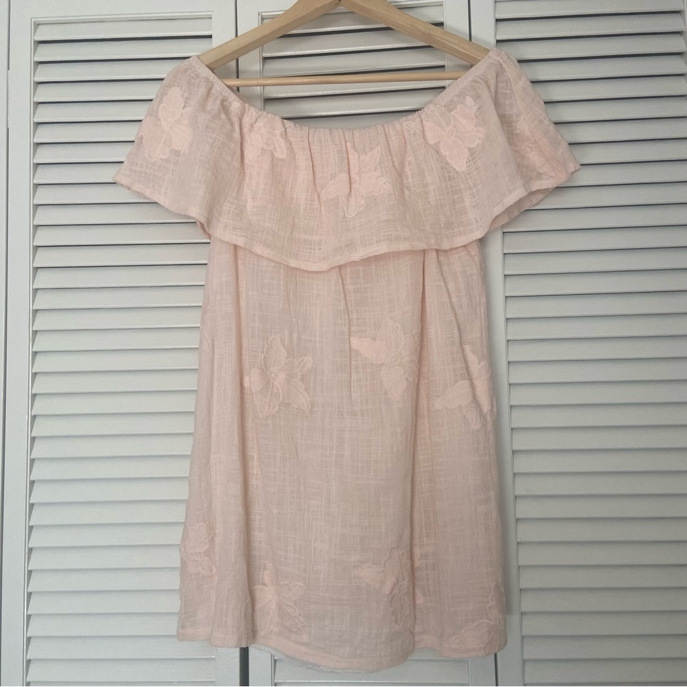 Glam Boutique Off Shoulder Cotton Linen Embroidered Pink Floral Top Medium M